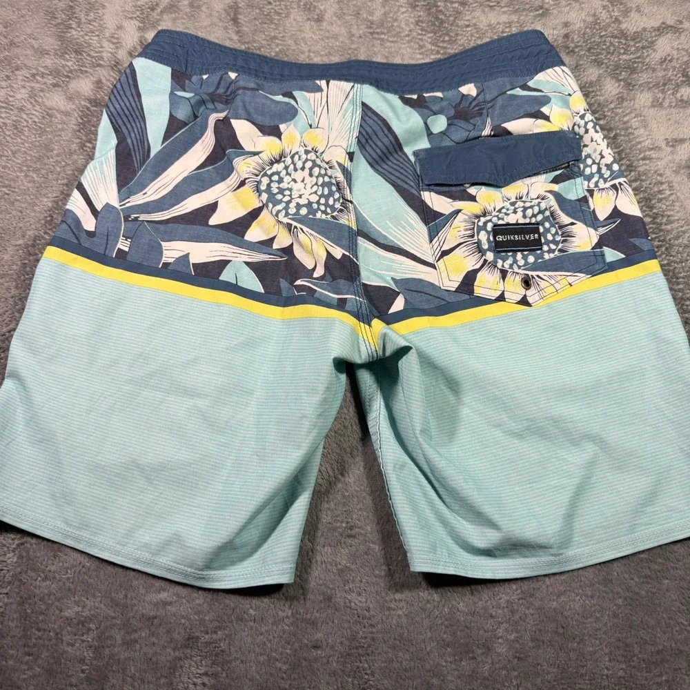 Quiksilver Mens Floral Striped Board Shorts Blue Yellow Size 33 Swim Trunks